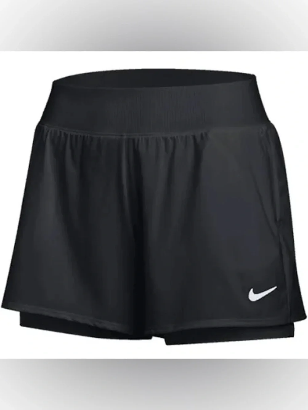 Nike Women’s Black Athletic Layered Running Shorts with Swoosh XS NWOT Pockets - Picture 2 of 16